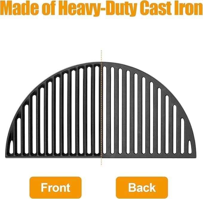 18" Half Moon Cast Iron Cooking Grates for Kamado Joe KJ-23RHC Classic II KJ23NRHCI Classic III KJ23RH Classic I Reversible Griddle for Stand-Alone Classic Large Big Green Egg Kamado Grill Replacement