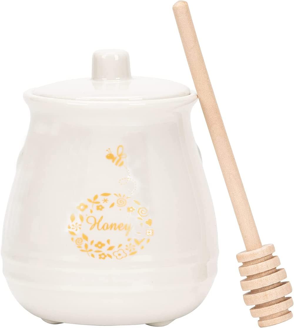 Ceramic Honey Jar with Wooden Honey Dipper-Honey Pot with Dipper- Honey Jar with Stand, Great Bee Decor- Farmhouse Kitchen Decor (Honey Jar-White)