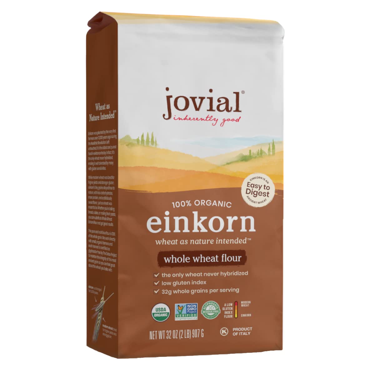 Jovial Einkorn 100% Organic Einkorn Whole Wheat Flour - Baking Flour, High Protein, Non-GMO, USDA Certified Organic, Unbleached Flour, Product of Italy, Organic Whole Wheat Flour - 32 Oz (2 Pack)