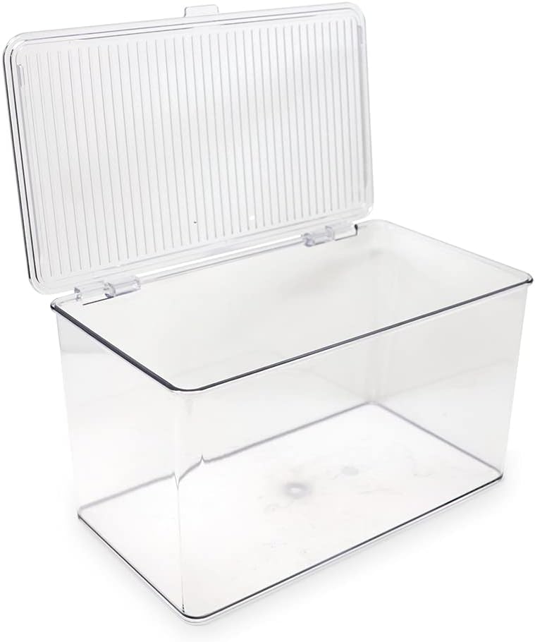 Isaac Jacobs Large Stackable Organizer Bin (10.75” x 6.5” x 6.1”) w Hinged Lid Clear Storage Box Home Office School Fridge Bathroom Kitchen Pantry Container BPAFree Food Safe (Large Clear)