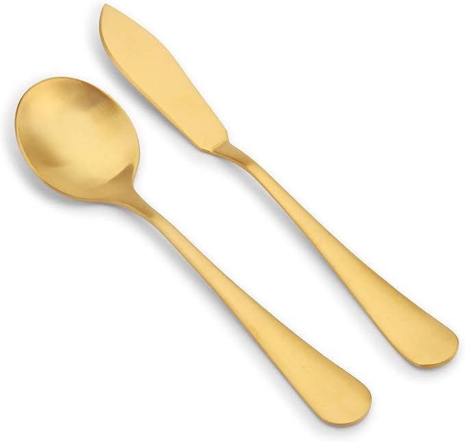 Matte Gold Serving Set，SHARECOOK 5-Piece 18/0 Stainless Steel Large Hostess Set with Round Edge, Satin Finished, Dishwasher Safe -Spoons, Forks,Butter Knife& Slotted Spoon