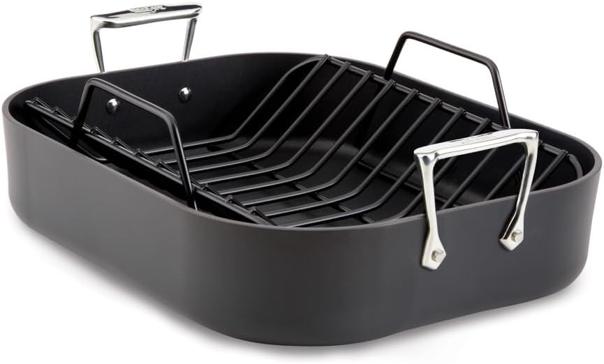 All-Clad HA1 Hard Anodized Nonstick Roaster and Nonstick Rack 13x16 Inch Oven Broiler Safe 500F Roaster Pan, Pots and Pans, Cookware Black