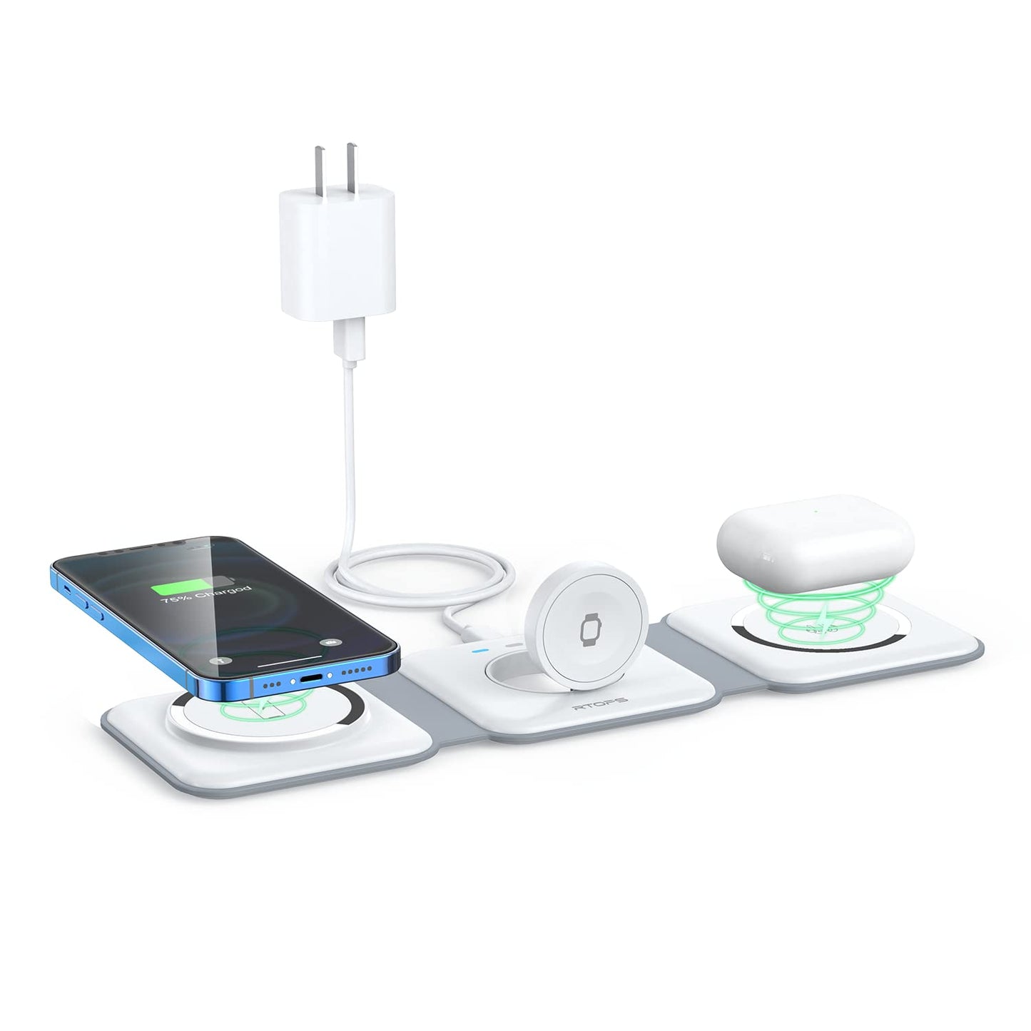 Wireless Charger 3 in 1,RTOPS Magnetic GaN Travel Wireless Charging Station Compatible with Apple Magsafe Multiple Devices for iphone17/16/15/14/13/Pro/Max,iWatch,AirPods4/3/2/Pro (Adapter Includes)