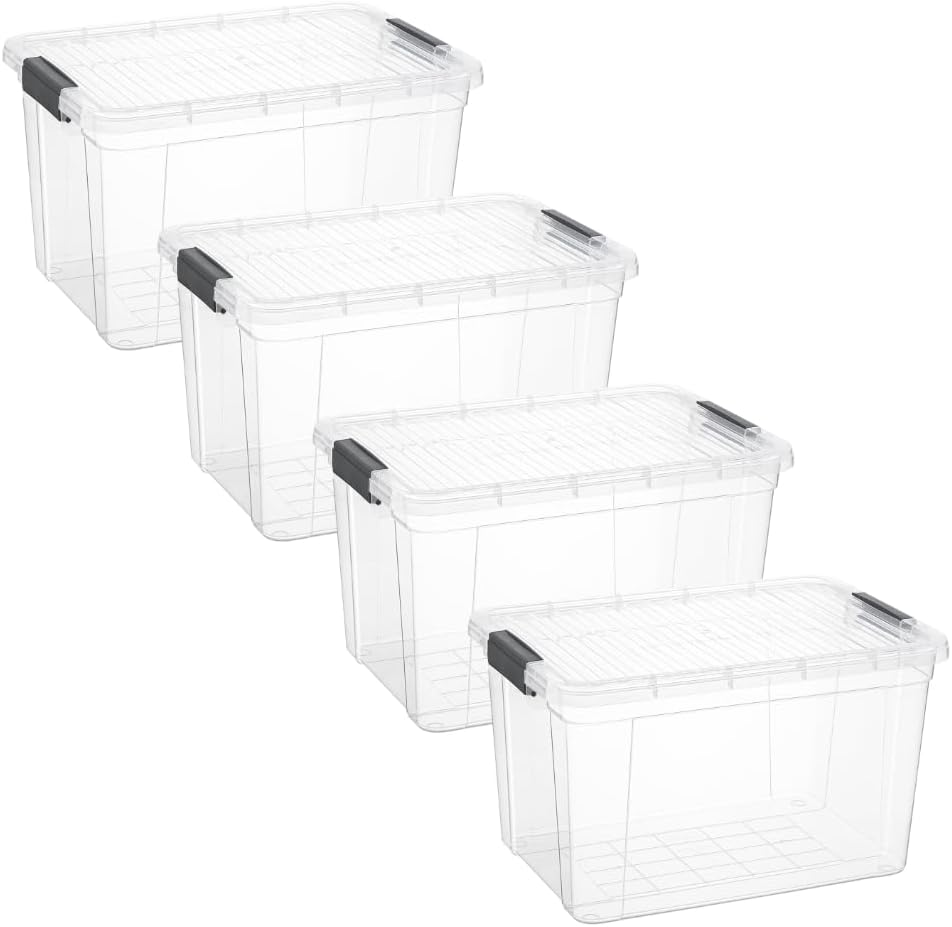 Superio Clear Storage Boxes with Lids, 14.25 Quart Plastic Container Bins for Organizing, Stackable Crates, BPA Free, Non Toxic, Odor Free, Organizers for Home, Office and Dorm, 4 Pack