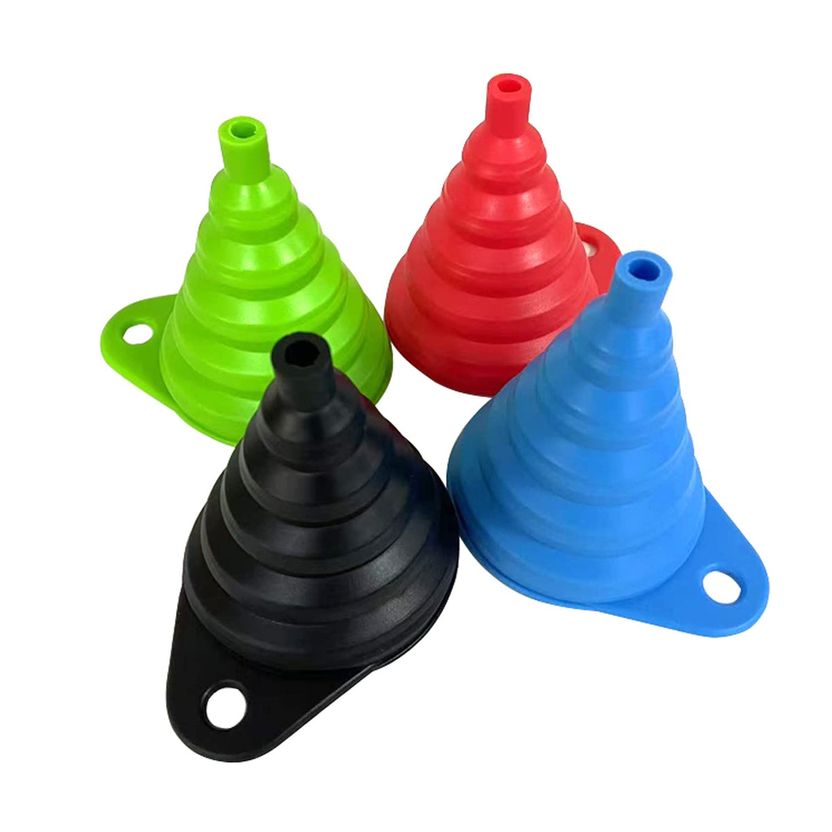 Set of 4 Silicone Collapsible Kitchen Funnel - X-Small to Large Sizes for Easy Liquid Transfer Food Grade Silicone Collapsible Gadgets (Black)