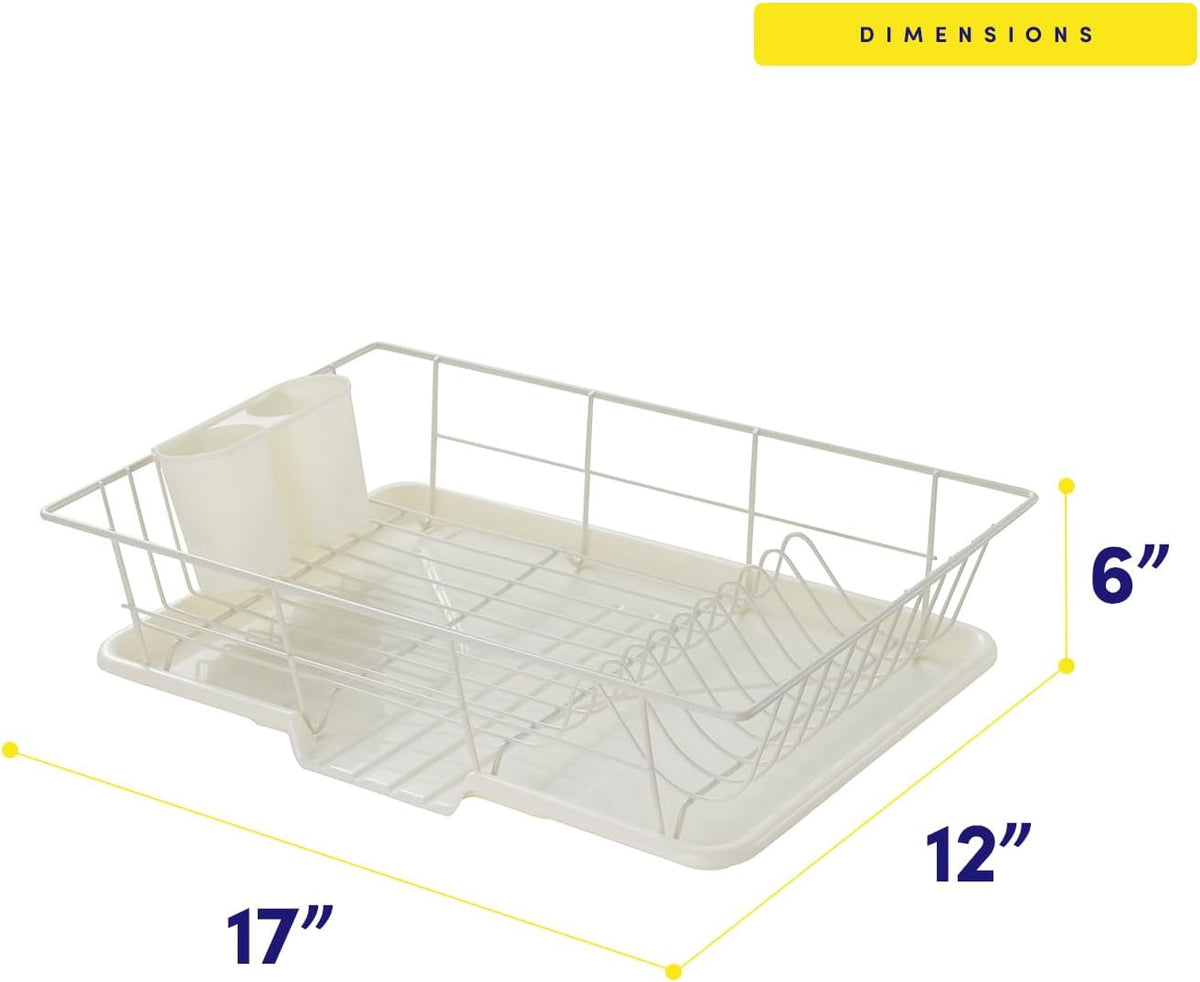 Sweet Home Collection Space-Saving 3-Piece Dish Drainer Rack Set: Efficient Kitchen Organizer for Quick Drying and Storage - Includes Cutlery Holder and Drainboard - Maximize Countertop Space, Ivory
