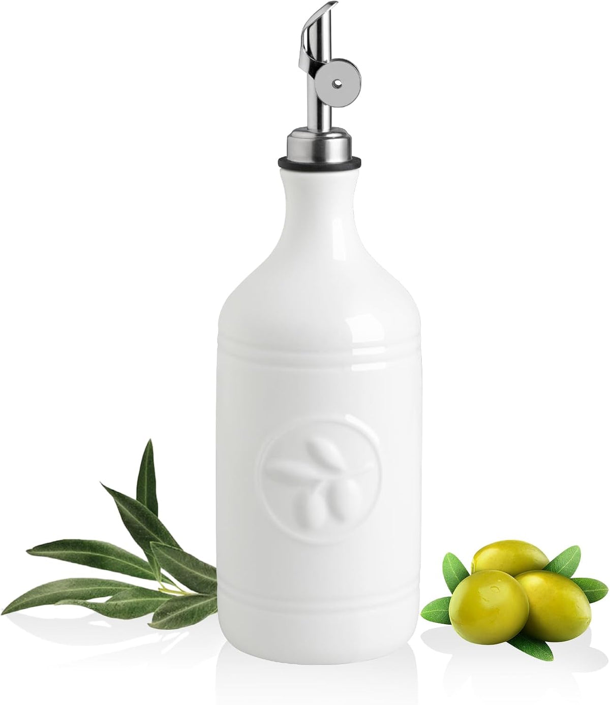 Sweejar 16 Oz Ceramic Olive Oil Dispenser Bottle, Oil Dispenser for Kitchen with Gravity Spout, Relief Opaque Oil Container for Evoo, Avocado Oil, Vinegar, Soy Sauce, 1 Pack(White, Silver Spout)