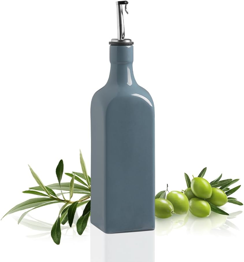 Sweejar 19 Fl Oz Ceramic Olive Oil Dispenser Bottle with Spout, Large Oil Dispenser for Kitchen, Opaque EVOO Oil and Vinegar Cruet for Cooking, Oil Container for Avocado Oil, Pack of 1 (Fog blue New)
