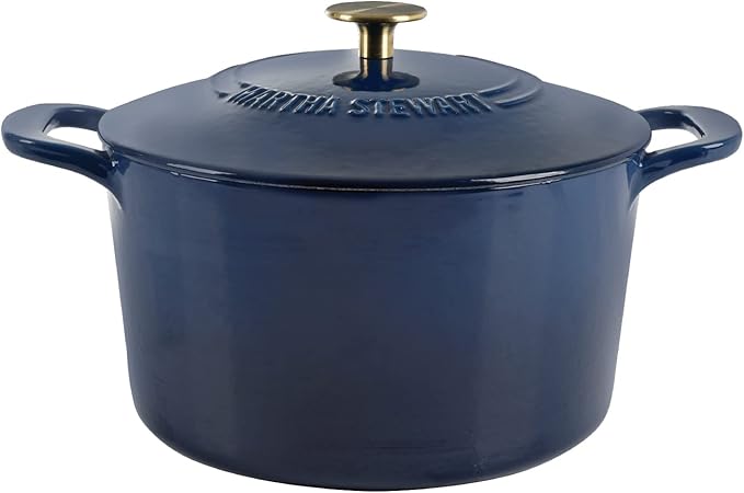 MARTHA STEWART Gatwick 7-Quart Enamel Cast Iron Dutch Oven Pot with Lid – Navy Blue with Gold Knob – Durable Heavy-Duty Dutch Oven for Slow Cooking & Braising
