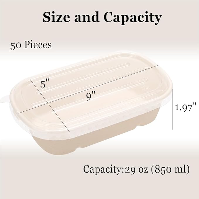 Aksipo 50 Pack 29 Oz Disposable Meal Prep Containers with Lids, Rectangle Paper Bowls with Lids for Salad,Leftovers, Leak-proof To Go Box Cardboard Lunch Box Compostable Take Out Food Containers