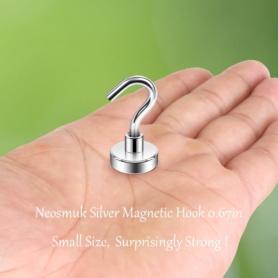 Neosmuk Magnetic Hooks,30lb+ Heavy Duty Earth Magnets with Hook for Refrigerator, Extra Strong Cruise Hook for Hanging, Magnetic Hanger for Curtain, Grill (Silver, 15 Pack)
