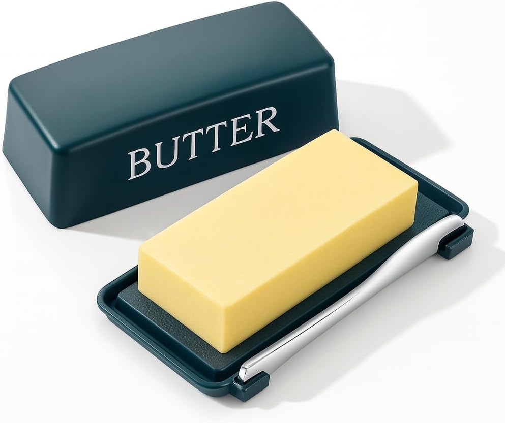 Butter Tray With Lid And Stainless Steel Knife,Large BPA Free Plastic Butter Dishes With Cover,Green Butter Storage Container Keeper