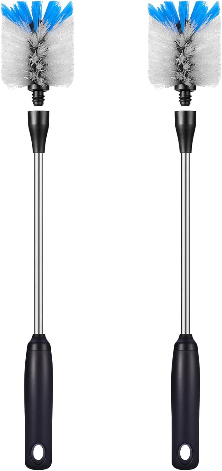 Stainless Steel Bottle Brush with Replaceable Head, 2 Pack Long Handle Scrubbing Brush for Water Bottles, Glasswares, Mugs, Flasks, Tumblers, Vases, and Kitchen Sink, 15 in