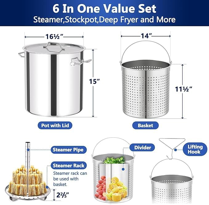 ARC 52QT Seafood Boiling Kit, 200,000BTU Propane Burner And Stainless Steel Crawfish Boil Pot w/Basket and Steamer Rack, For Outdoors Cooking and Steaming, Large Turkey Fryer, Lobster Shrimp Pot