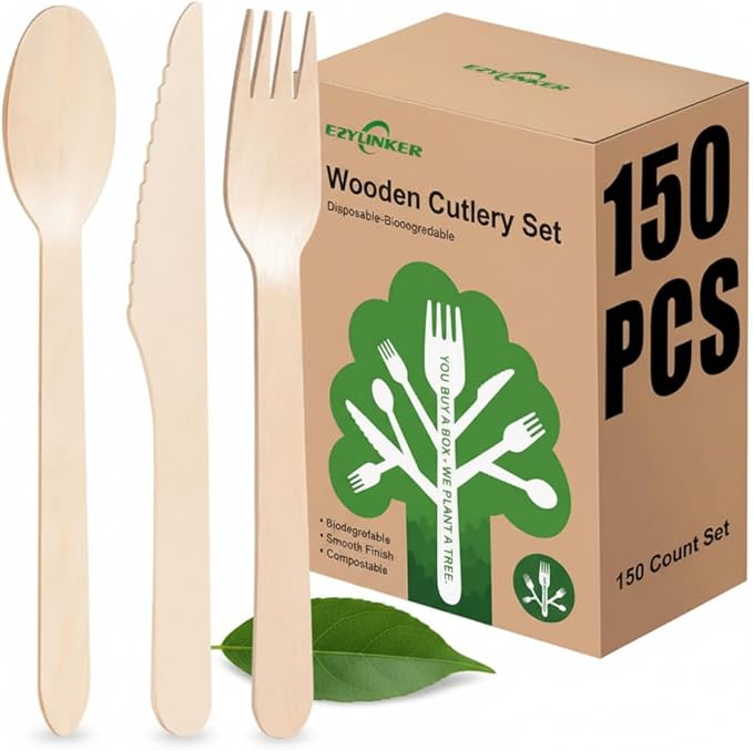 (150 Count) Disposable Wooden Cutlery Set - Alternative to Plastic, Eco Friendly, Biodegradable, Compostable Cutlery Set - 50 Wood Spoons, 50 Wooden Knives & 50 Wooden Forks Disposable Utensils Set
