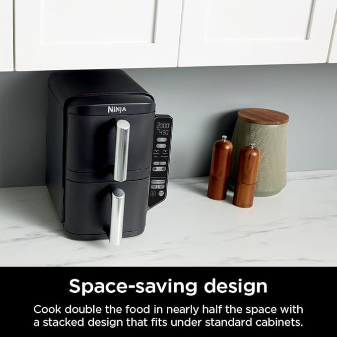 Ninja Air Fryer, 8 QT DoubleStack 2-Basket, Space Saving Design, Cooks 2lb Chicken Wings, Feeds up to 6 People, 6-in1 Air Fryer, Roast, Bake & More, Easy to Clean, Dishwasher Safe Parts, Black, SL201