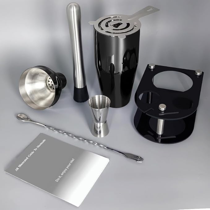 Cocktail Shaker Bartender Kit: 5 Piece Bar Tool Set, Cocktail Shaker Set with Stand, Drink Mixing Includes Martini Shaker,Strainer,Jigger,Bar Mixer Spoon,Muddler ﻿ (Black, 750ml(25oz))