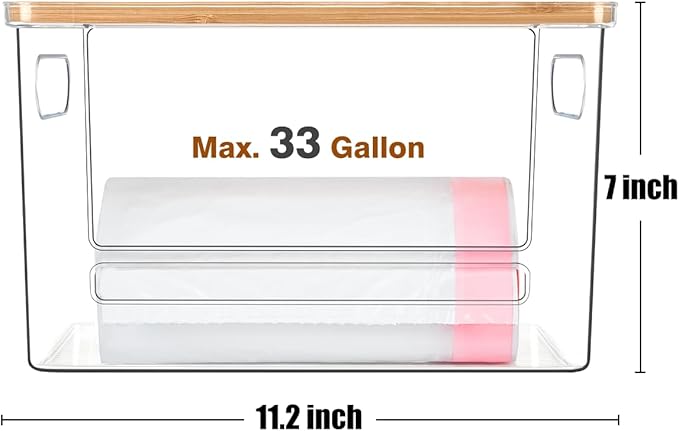 Trash Bag Holder, Acrylic Garbage Bag Dispenser with Bamboo Top, Extra Large Trash Bags Dispenser Under Sink for Kitchen, Pantry, Laundry Room, Cabinet Organizer and Storage (1 PACK)