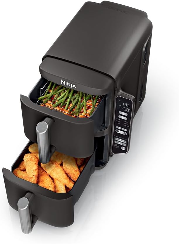 Ninja Air Fryer, 8 QT DoubleStack 2-Basket, Space Saving Design, Cooks 2lb Chicken Wings, Feeds up to 6 People, 6-in1 Air Fryer, Roast, Bake & More, Easy to Clean, Dishwasher Safe Parts, Black, SL201