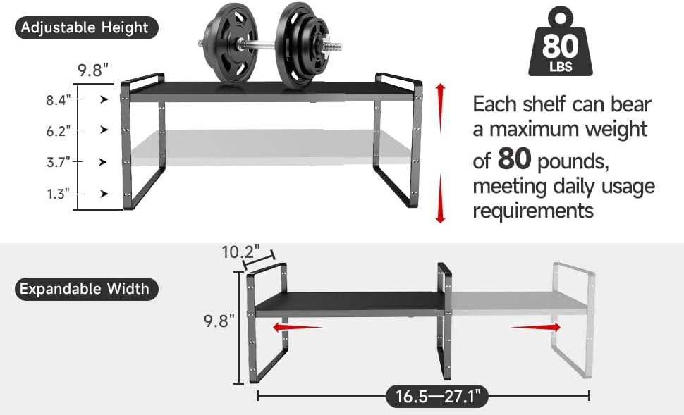 16.5~27.1" Expandable Shelf Organizer, 1Pack 10.2" Wide Stackable Cabinet Shelf Organizers, Black Metal Sturdy Kitchen Counter Storage for Countertop, Adjustable Height Spice Rack