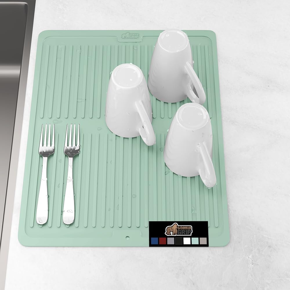 GORILLA GRIP 100% BPA-Free Patented Silicone Dish Drying Mat for Kitchen Counter, Water Catching Ribbed Design, Easy Clean Waterproof Sink Liner, Heat Resistant, Fits Under Rack, 16x12 Inch, Mint