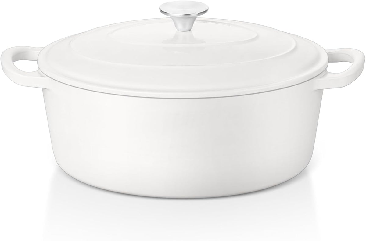 E-far 5QT Oval Dutch Oven Pot with Lid, Enameled Cast Iron Dutch Oven with Dual Handles for Sourdough Bread Baking Cooking, Nonstick Enamel Coated Cookware(White), Non-Toxic & Easy Clean