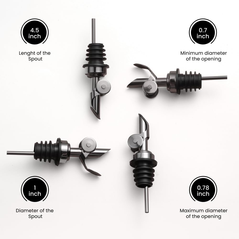 Molimoli Pack of 4 Premium Liquor Pour Spout Made of Stainless Steel with Automatic Anti-Oxidation Mechanism, Bottle Pourers for Alcohol and Wine, Olive Oil Dispenser Spout, Oil Bottle Spout, Black