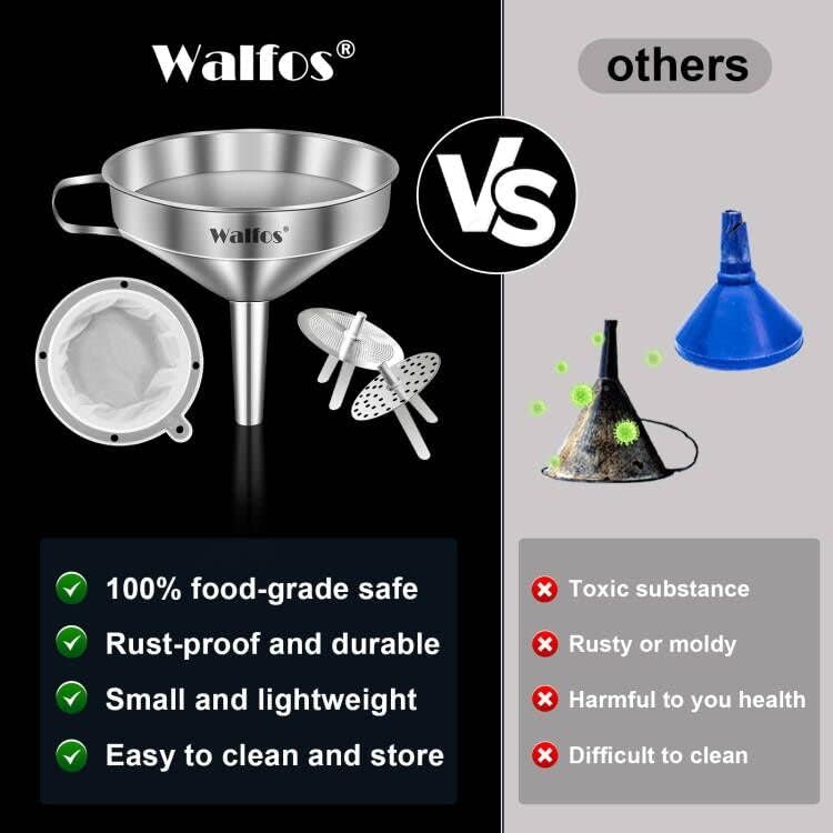 Stainless Steel Funnel, Walfos Kitchen Funnel with 2 Removable Strainer ＆ 1Pc Cleaning Brush, Perfect for Transferring of Liquid, Oils, Jam, Dry Ingredients & Powder (Big, 4.9")