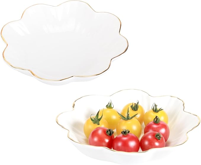 Porcelain Serving Dish,Ceramics Flower Relish Tray with Metallic Rim,Serving Bowls for Wedding,Party Perfect for Small Cereal, Pasta, Salad, Candy and Snacks White 6.6 inch (2pc-6.6 inch)