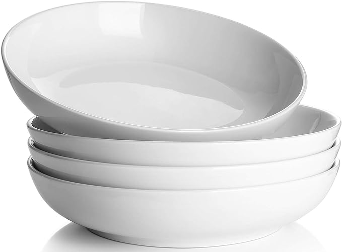 Y YHY Pasta Bowls 32oz, Ceramic Large Salad Serving Bowls, White Pasta Bowls Set, Shallow Soup Bowl Set of 4, Microwave & Dishwasher Safe