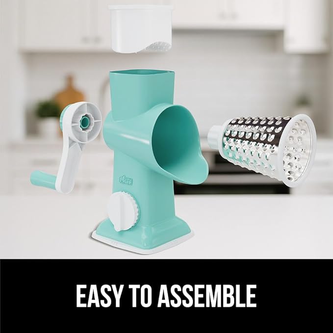 GORILLA GRIP BPA-Free Rotary Cheese Grater Hand Crank, Easy to Set Up, Strong Suction Base for Kitchen Countertop, Shred Potato, Vegetable, Nuts in Seconds, Round Mandoline Slicer, 3 Blades, Mint