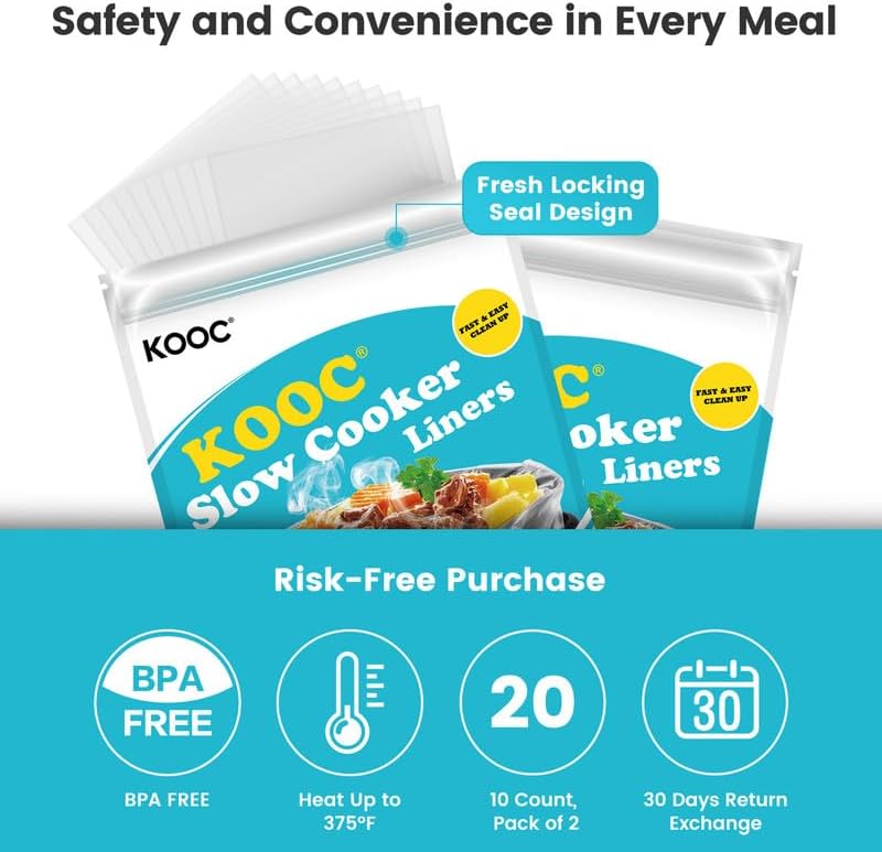 KOOC Slow Cooker Liners 10"x13" 20 count Small Size Disposable Plastic Bags Pot Liners Brunch Cooking Bags Fit 1.5 qt to 2 qt Pot BPA Free