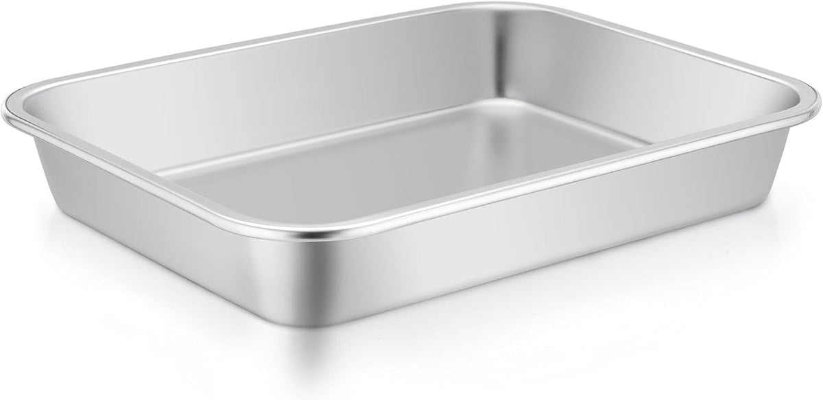 TeamFar Lasagna Pan, 10.6 x 8.3 x 1.7inch Stainless Steel Rectangular Cake Brownie Pan Casserole Baking Dish, Compact for Toaster Oven, Non Toxic & Healthy, Brushed Finish & Easy Clean-Dishwasher Safe