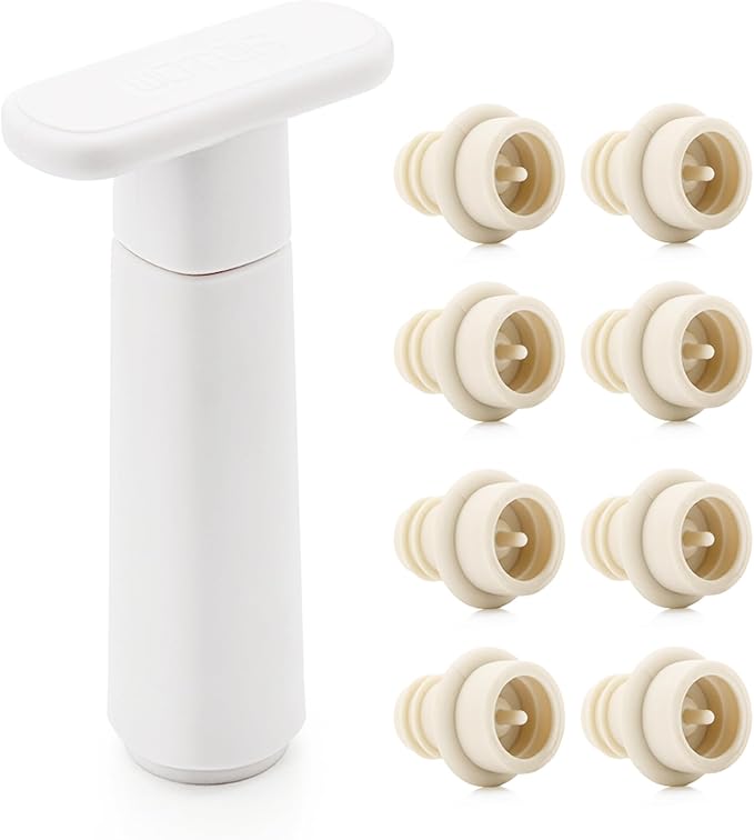 WOTOR Wine Saver Vacuum Pump with 8 Stoppers, Wine Stopper & Preserver, Reusable Bottle Sealer Keeps Fresh, Ideal Accessories Gift, Flat Handle (White)