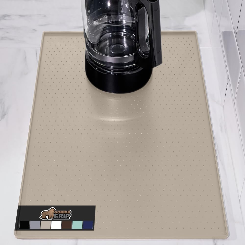 GORILLA GRIP Silicone Coffee Mat, Espresso Drink Bar Station Accessories, Waterproof Heat-Resistant Dish Drying Mats, Stay in Place on Kitchen Counter, Home Kitchen Decor Essentials, 11.5x18.5, Almond