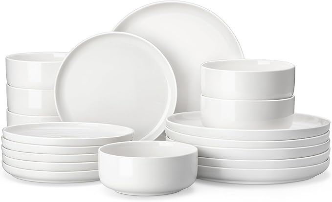 MALACASA Plates and Bowls Sets, 18 Pieces Porcelain Dinnerware Sets Dishware Sets Chip Resistant Ceramic Dish Set Dining Dinner Ware Service for 6, White, Series LUNA