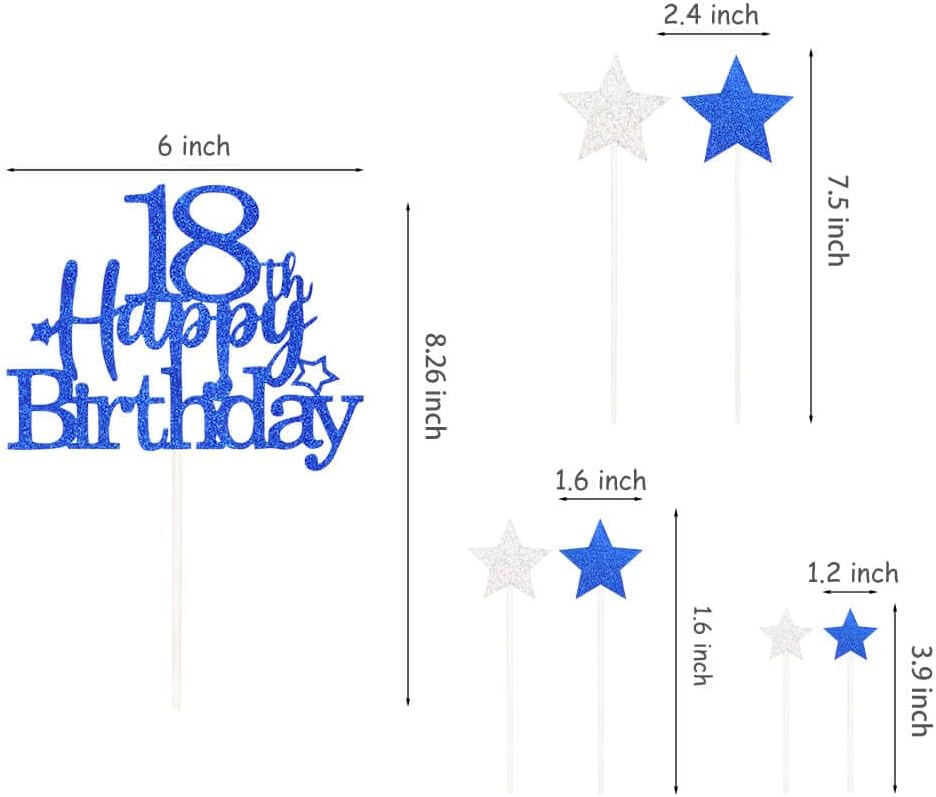 Glittery 18th Happy Birthday Cake Topper with Star,Personalised 18 Birthday Cake Toppers Party Decorations Party Supplies for Boys Girls Blue