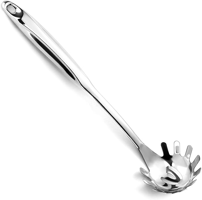 Pleafind Spaghetti Spoon, One-Piece Stainless Steel Pasta Spoon, 13-Inch Comfort Grip Design Pasta Scoop, Spaghetti Strainer with Teeth, Silver Pasta Server Utensil