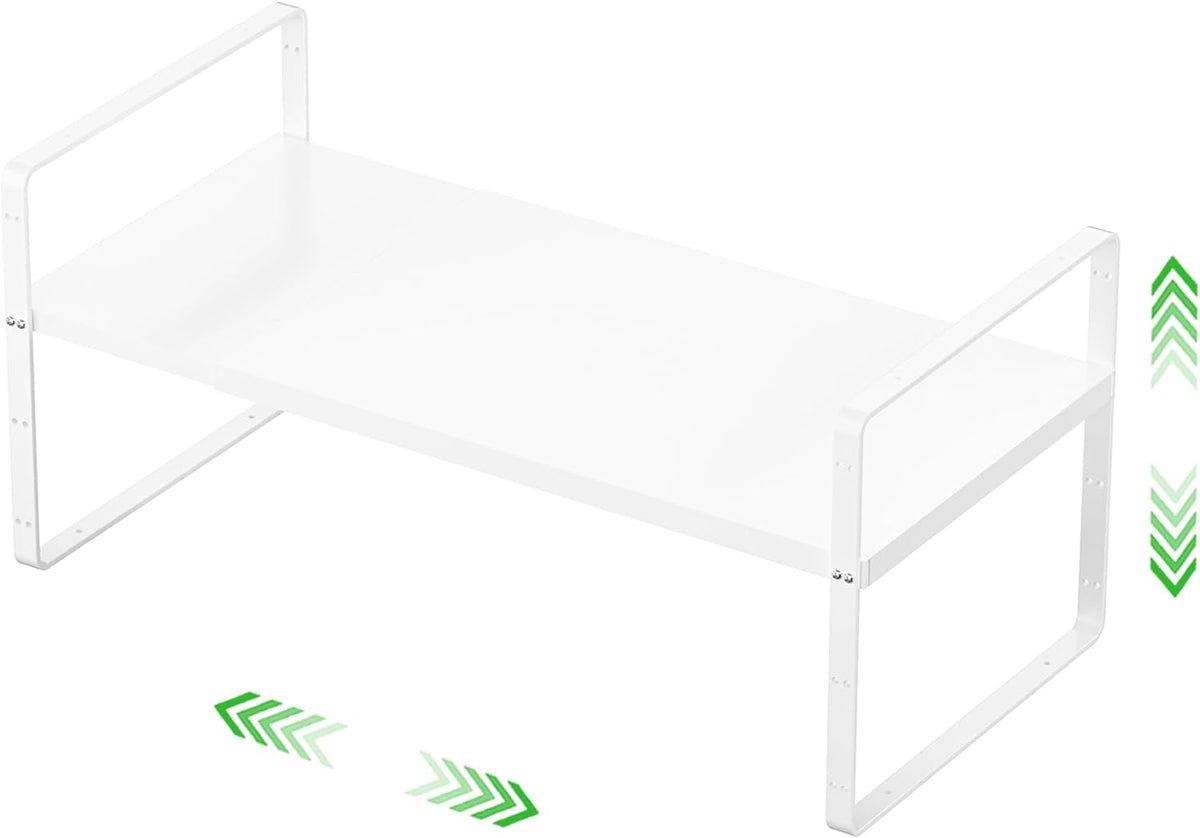 Expandable Cabinet Storage Shelf Stackable Organizer Rack for Kitchen Bathroom Pantry Spice Cupboard Countertop Home Office Desk Heavy Duty Nonslip White Large 1 Pack