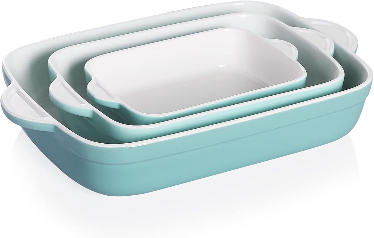 Sweejar Casserole Dishes for Oven, Ceramic Bakeware Set of 3, Lasagna Pan Deep with Handle, Rectangular Baking Pan Set, 9x13 Baking Dish for Cooking, Banquet and Daily Use (Turquoise)