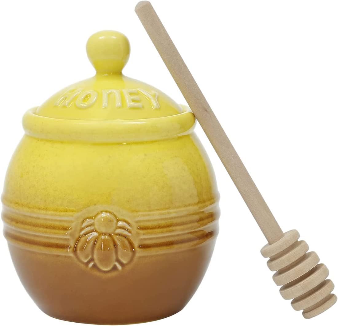 12oz Ceramic Honey Jar with Wooden Dipper Stick-Honey Pot with Dipper, Yellow Honey Dispenser, Farmhouse Kitchen Great Bee Decor, Porcelain Honey Jar Easy to Clean for Mother's Day Wife Gift