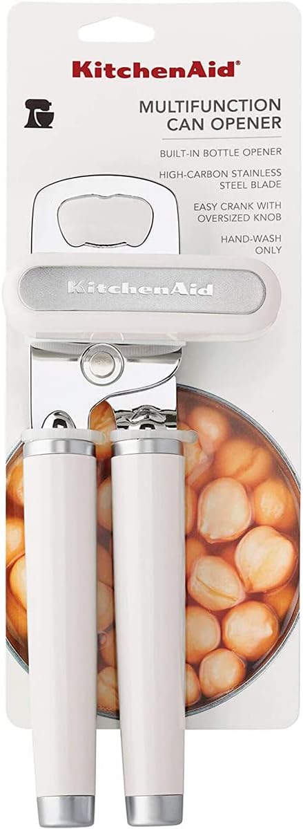 KitchenAid Classic Multifunction Can Opener and Bottle Opener Easy to Use, Razor Sharp Stainless Steel Cutting Wheel, Soft Ergonomic Handles, White