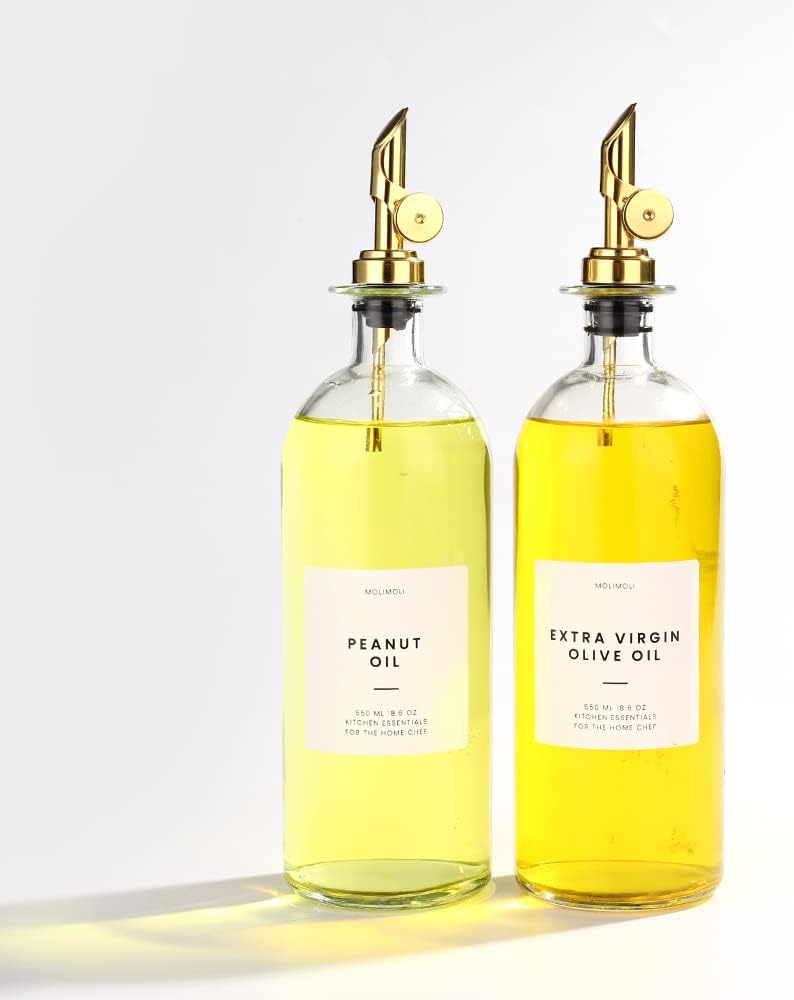 Molimoli Oil and Vinegar Dispenser with Metal Pour Spout, Weighted Pourer, Glass Bottle Dispenser for Kitchen, Olive Oil Cruet, Glass Olive Oil Bottle | 500ml, Set of 2