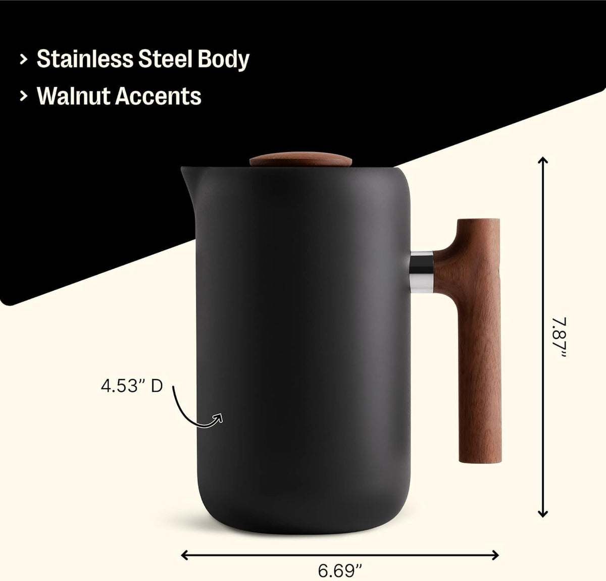 Fellow Clara French Press Coffee Maker - Portable Stainless Steel Coffee Press, Insulated Manual Brewer, Matte Black with Walnut, 24 oz Carafe