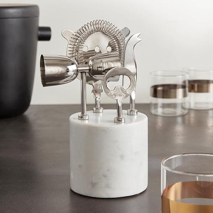 Santa Barbara Design Studio TableSugar Bar Tools Modern Kitchen Cocktail Accessories, 4-Pieces, Stainless Steel/Marble