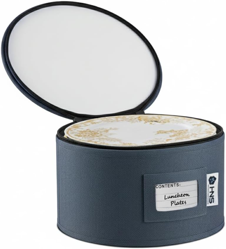 Serving Platter Storage Container - Hard Shell China Organizer with Dividers - Holds 12 Plates of 10" - Durable & Stackable Storage Box for Seasonal Dishware Protection - Denim Blue