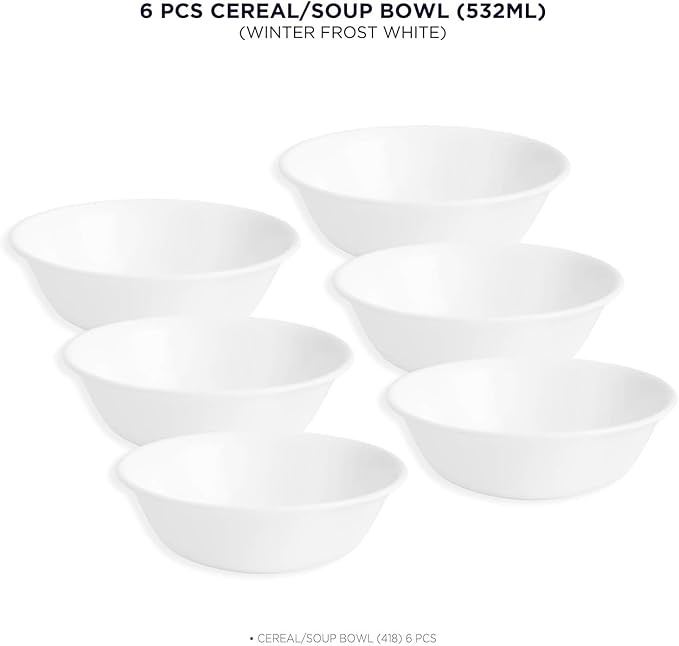 Corelle Vitrelle 6-Piece Soup/Cereal Bowl Set Triple Layer Glass and Chip Resistant, 18-Oz Lightweight Round Bowls, Winter Frost White