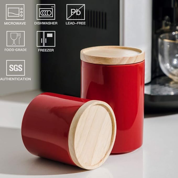 Sweejar Kitchen Canisters Ceramic Food Storage Jar, Stackable Containers with Airtight Seal Wooden Lid for Serving Ground Coffee, Tea, Sugar, Salt and More - 16 Fl Oz (Red)