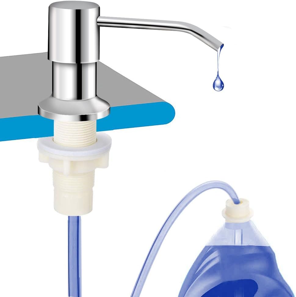 Dish Soap Dispenser for Kitchen Sink, Countertop Sink Soap Dispenser Water Pump with 47” No-Spill Extension Tube Kit Design for Kitchen Bathroom, No More Refills （Chrome）