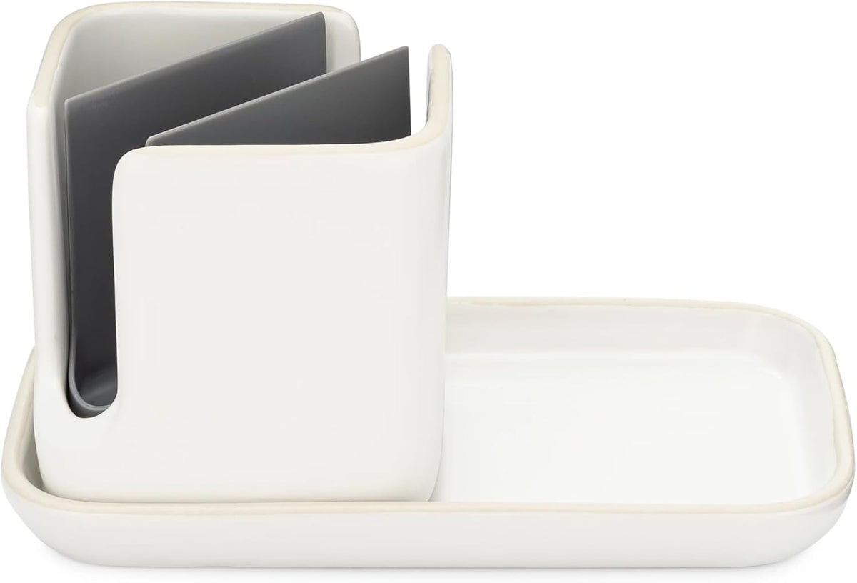 Full Circle Stash, Ceramic Kitchen Sink Caddy, Stylish Modular Sponge Holder & Dish Brush Organizer, White/Gray, 11"